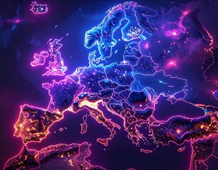 Glowing neon map of Europe with vibrant lights and futuristic design