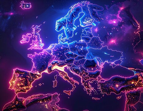 Glowing neon map of Europe with vibrant lights and futuristic design