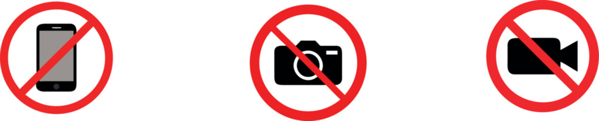 Set of Prohibition Icons: No Mobile Phone, No Camera, and No Video Recording