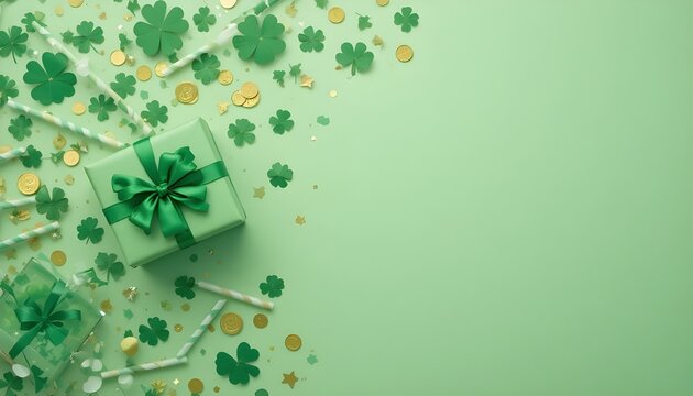 St Patrick’s Day Decorations with Shamrocks, Green Gift Box, and Pot of Gold on Pastel Background