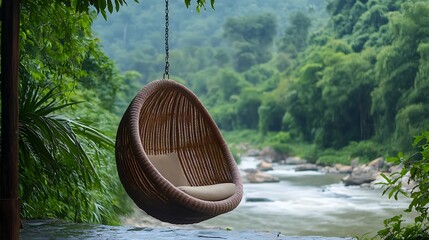 Wicker Swing Chair Overlooking River and Verdant Tropical Forest Scenery for Relaxation
