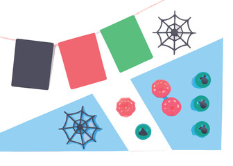 Dark gray coral red and green flags with spiderwebs and round objects halloween banner