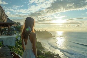 Woman in White Dress Gazing at Ocean Sunrise from Tropical Villa Deck