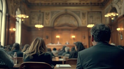 Environmental Lawsuit concept. Courtroom scene with audience observing a legal proceeding.