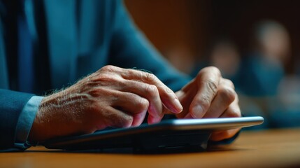 Environmental Lawsuit concept. Hands typing on a tablet device in a professional setting.