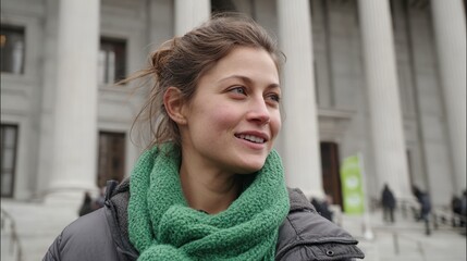 Environmental Lawsuit concept. A smiling woman outdoors near a large building.