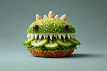 Creative burger styled like a green fruit monster with kiwi and lettuce layers. Monster-themed snacks for kids, spooky Halloween dessert concept