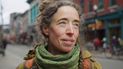 Environmental Lawsuit concept. A woman with curly hair smiles in an urban setting.