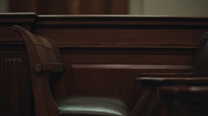 Environmental Lawsuit concept. Empty wooden courtroom chair with rich brown tones and elegant craftsmanship.