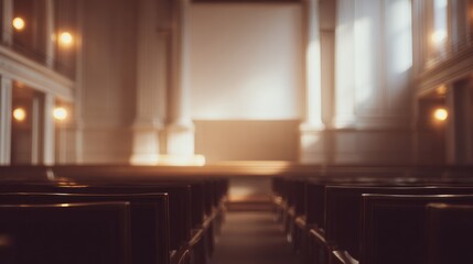 Environmental Lawsuit concept. Blurred perspective of an empty auditorium with elegant architecture.
