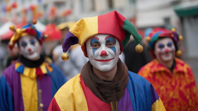 Clowns in vibrant costumes engaging with a festive crowd, capturing the joy, laughter, and excitement of a lively carnival atmosphere filled with colors.