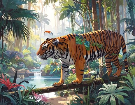 Tiger in a lush jungle scene