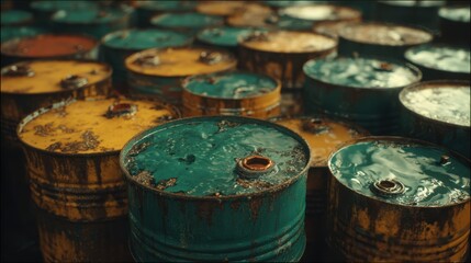 Environmental Lawsuit concept. Rusty barrels stacked closely together, displaying vibrant colors and textures.