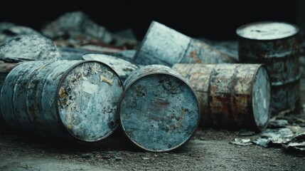Environmental Lawsuit concept. Rusty metal barrels stacked in an industrial setting with debris.