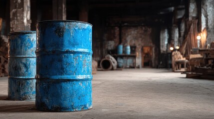 Environmental Lawsuit concept. Rustic blue barrels in a dimly lit industrial space.