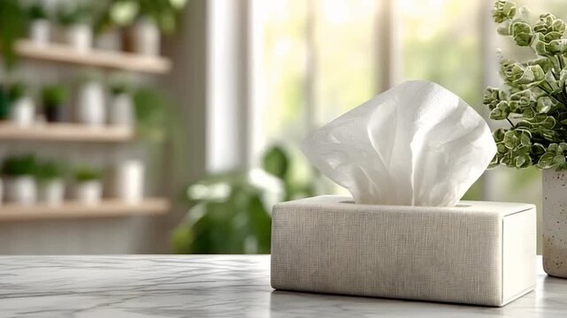 Soft White Tissue Box on Marble Table Surrounded by Green Plants