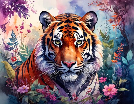 Tiger portrait in a vibrant floral forest