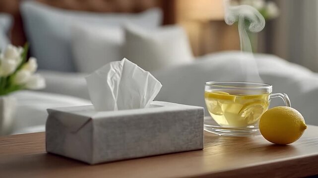 Cozy Bedroom Scene with Tissue Box, Lemon, and Glass of Tea