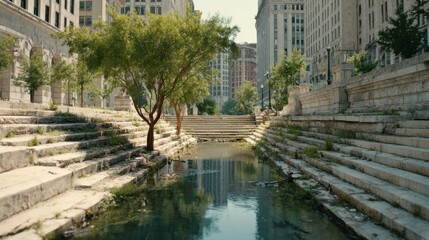 Environmental Lawsuit concept. Urban landscape with stone steps and water reflecting buildings.