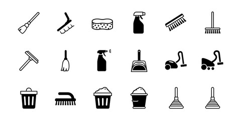 Fototapeta premium Collection of minimalist line icons for household cleaning and domestic chores