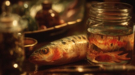 Environmental Lawsuit concept. Still life featuring fish and glass jar with water.