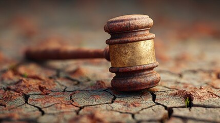 Environmental Lawsuit concept. Weathered gavel on cracked earth surface.