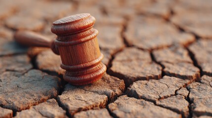 Environmental Lawsuit concept. A gavel rests on cracked, dry earth symbolizing justice and environmental issues.