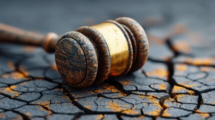 Environmental Lawsuit concept. Gavel resting on a cracked surface with a dramatic texture.