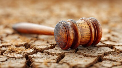 Environmental Lawsuit concept. A gavel resting on cracked earth symbolizing justice and conflict.
