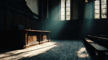 Environmental Lawsuit concept. Dimly lit historic courtroom with wooden features and sunlight streaming in.