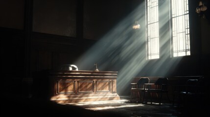 Environmental Lawsuit concept. A dimly lit room with rays of light illuminating a wooden desk.