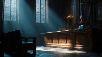 Environmental Lawsuit concept. Courtroom interior with dramatic lighting and empty seating.