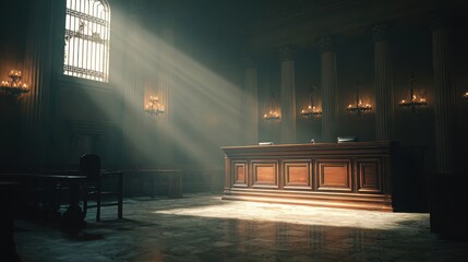 Environmental Lawsuit concept. Dramatic light in an ornate, historical courtroom setting.