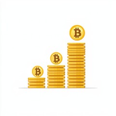 Digital Currency Growth Concept with Stacks of Golden Coins Representing Bitcoin Value Increase Over Time