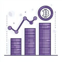 Digital illustration of cryptocurrency growth with stacked coins and upward graph trend depicting financial success in Bitcoin market