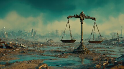 Environmental Lawsuit concept. A decaying landscape featuring a scale symbolizing justice.