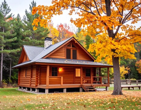 Cozy log cabin nestled in a beautiful autumn forest - Powered by Adobe