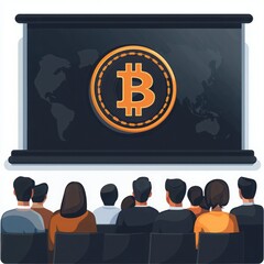 Bitcoin Presentation in a Conference Room with Diverse Audience Engaged in Cryptocurrency Discussion