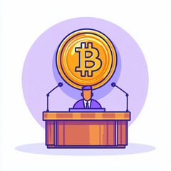 Person at desk with microphone and Bitcoin symbol in background showcasing digital currency and financial innovation