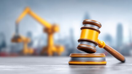 Environmental Lawsuit concept. Gavel in focus with blurred construction site in background.