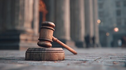 Environmental Lawsuit concept. Wooden gavel on a stone surface near a courthouse.