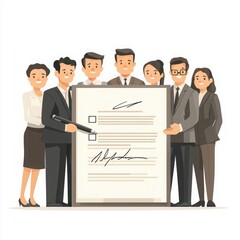 Group of Business Professionals Celebrating Document Signing with Pen and Checklist in Modern Office Setting