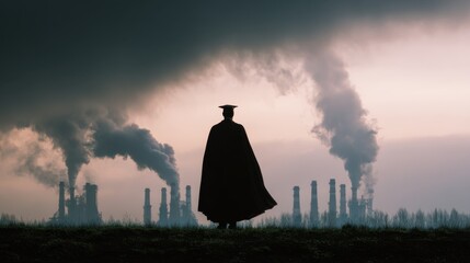 Environmental Lawsuit concept. Dark figure against an industrial skyline with smoke and pollution.