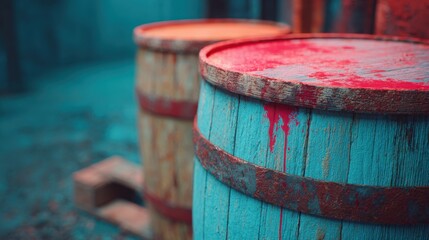 Environmental Lawsuit concept. Rustic barrels with a colorful, distressed finish and spilled contents.