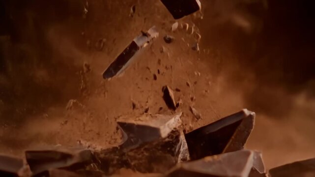 Delicious dark chocolate pieces scattering in rich cocoa dust
