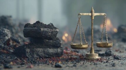 Environmental Lawsuit concept. A scale balances on a rocky surface amidst a smoky backdrop.