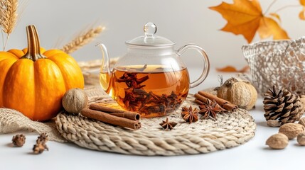 Glass teapot with autumn tea cinnamon pumpkin and dry leaves symbol of fall season warm drink cozy nature