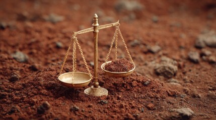 Environmental Lawsuit concept. Balance scale atop brown soil texture.
