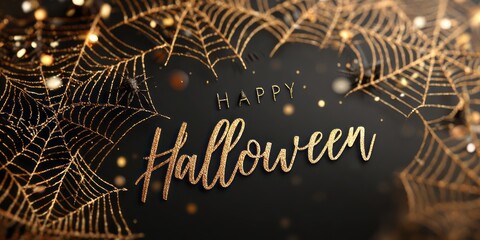Golden spiders and webs with Happy Halloween text on black background. Many Black spiders and web shapes, gold text Halloween. Halloween celebration theme