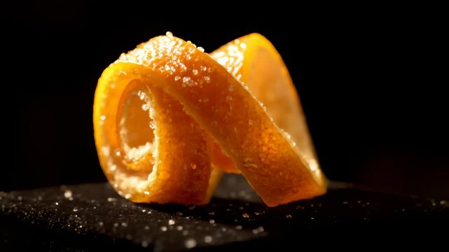 Zesty orange zest curl with shimmering sugar on dark surface